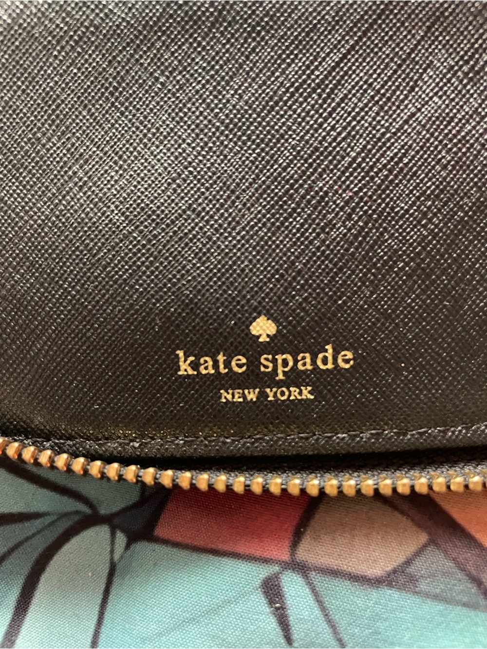 kate spade Black Leather Zip Wallet with Gold Logo